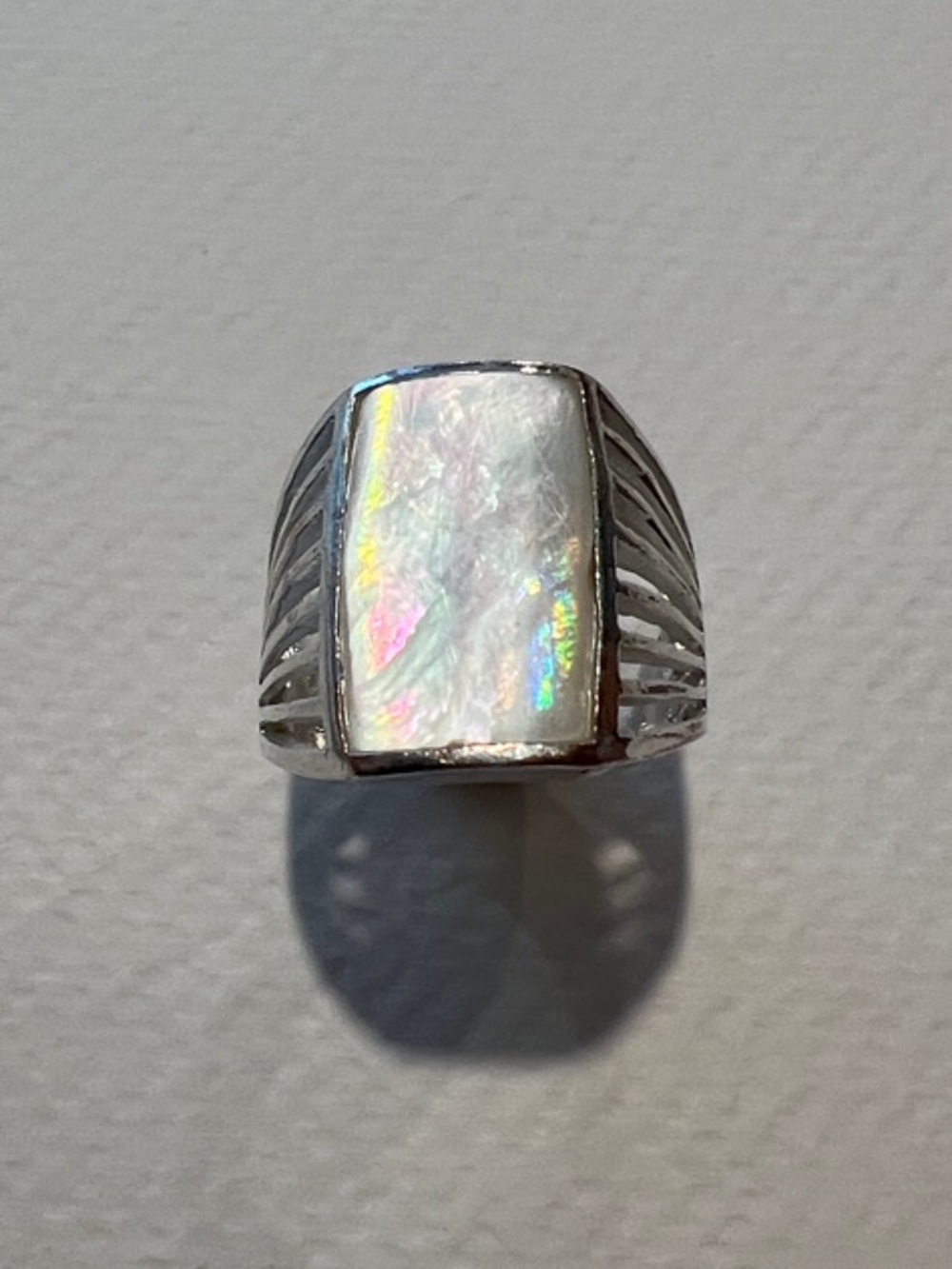 Sterling Silver Ring with Rectangular Iridescent Mother-of-Pearl Inlay